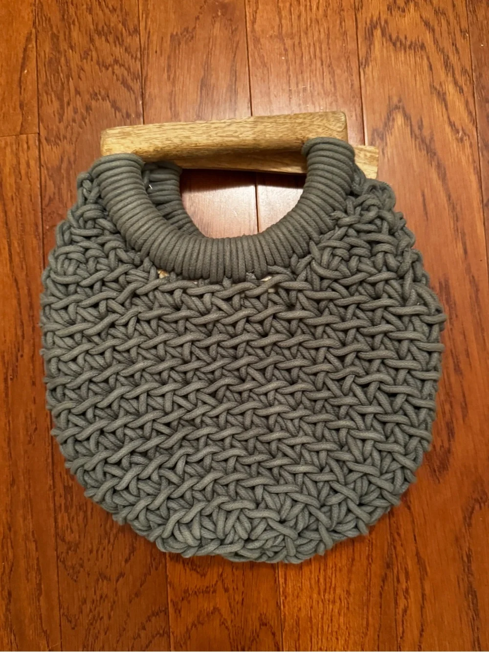 a new day Gray Handwoven Crochet Round Clutch with Wooden Handles